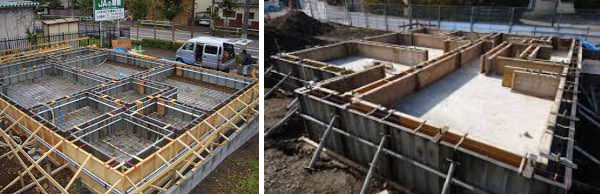 従来の現場打ち基礎工法。現場で型枠や鉄筋を組み立て、生コンクリートを打設するため、多くの職人と2週間程度の時間が必要だった